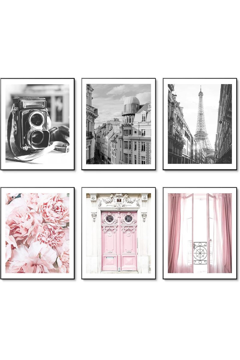 HoozGee Vintage Fashion Paris Wall Art Prints Black and White Canvas Poster Eiffel Tower Pink Flower Doors Windows Pictures Photos Wall Decor for Office Bedroom Living Room (8"x10" UNFRAMED) - Image 1