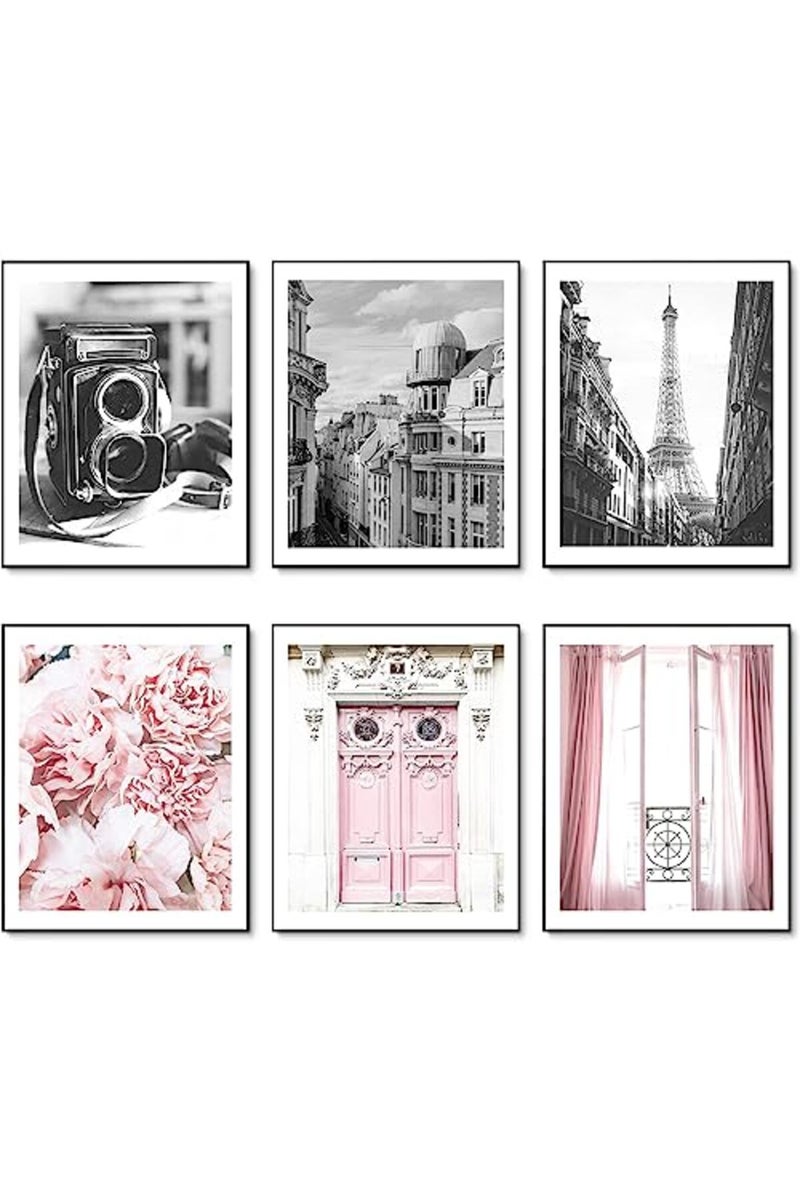 HoozGee Vintage Fashion Paris Wall Art Prints Black and White Canvas Poster Eiffel Tower Pink Flower Doors Windows Pictures Photos Wall Decor for Office Bedroom Living Room (8"x10" UNFRAMED) - Image 2