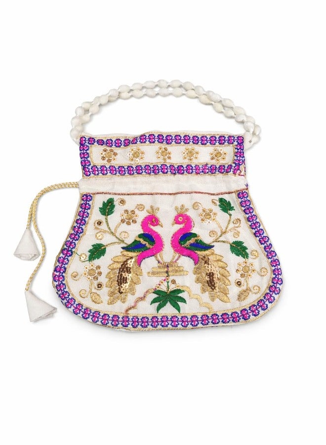 AVIRATH ENTERPRISE Potli Bag, Embroidered Flamingo Design, Pearl Bead Handle, White, Velvet, with Tassels, Women's Ethnic Clutch - Image 2