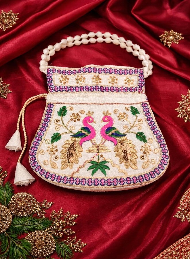 AVIRATH ENTERPRISE Potli Bag, Embroidered Flamingo Design, Pearl Bead Handle, White, Velvet, with Tassels, Women's Ethnic Clutch - Image 3
