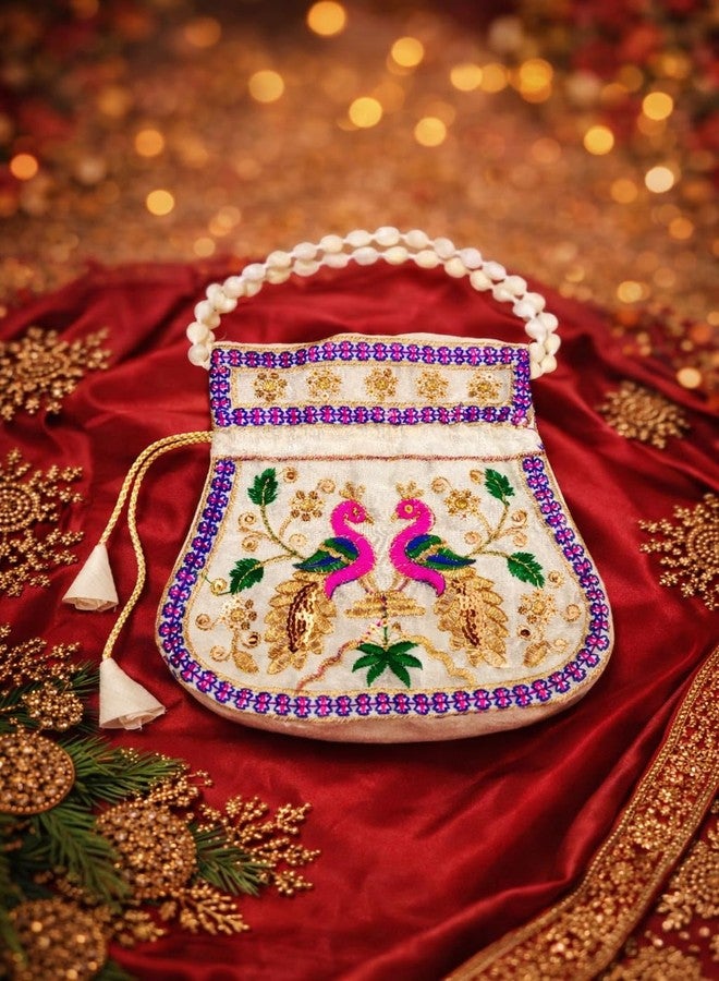 AVIRATH ENTERPRISE Potli Bag, Embroidered Flamingo Design, Pearl Bead Handle, White, Velvet, with Tassels, Women's Ethnic Clutch - Image 5