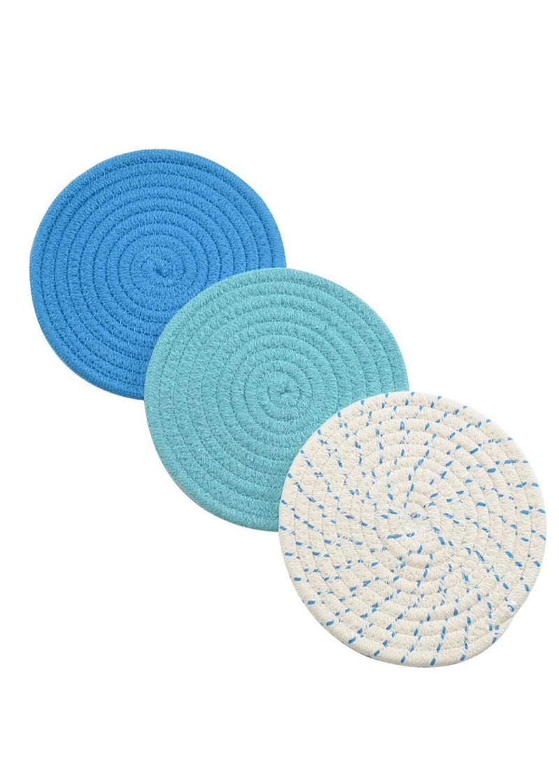 SYOSI Kitchen Pot Holders Set 100% Pure Cotton Thread Weave Stylish Coasters, Hot Pads, Mats, Spoon Rest For Cooking and Baking by Diameter 7 Inches Blue 3 PCS  - Image 1