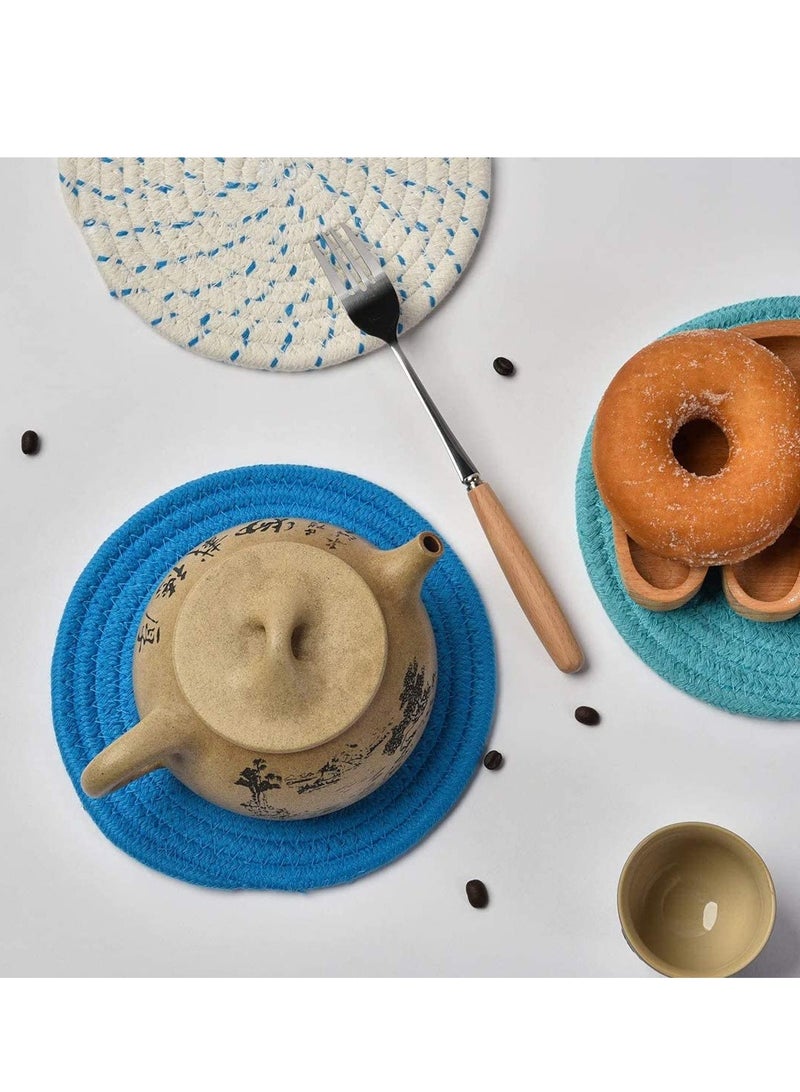 SYOSI Kitchen Pot Holders Set 100% Pure Cotton Thread Weave Stylish Coasters, Hot Pads, Mats, Spoon Rest For Cooking and Baking by Diameter 7 Inches Blue 3 PCS  - Image 3