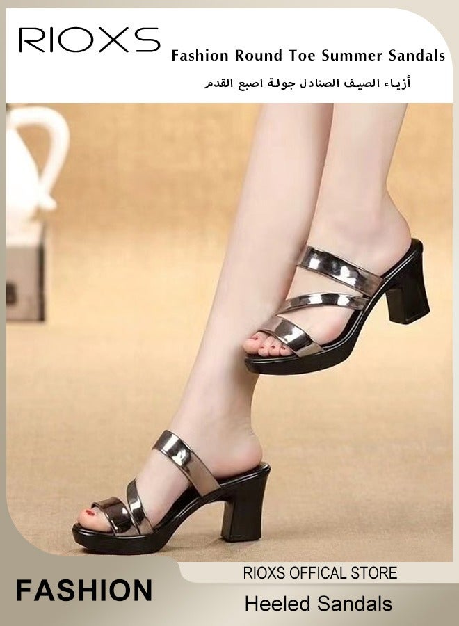 RIOXS Women's Heeled Sandals, Bright Strappy Platform Slippers For Women, Fashion Chunky Heel Elegant Shoes, Round Toe Summer Sandals, Anti-slip Block Heels Mule Sandals For Party Dating Wedding, Ladies Dress Pumps Shoes  - Image 3