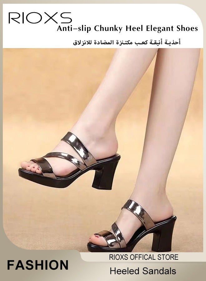 RIOXS Women's Heeled Sandals, Bright Strappy Platform Slippers For Women, Fashion Chunky Heel Elegant Shoes, Round Toe Summer Sandals, Anti-slip Block Heels Mule Sandals For Party Dating Wedding, Ladies Dress Pumps Shoes  - Image 5