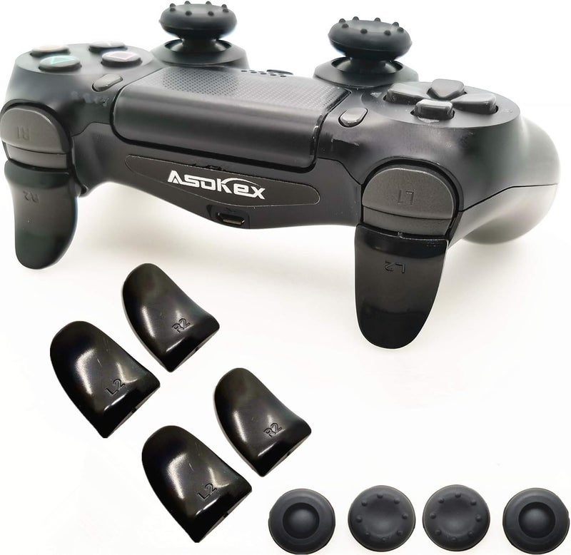 Asokex L2 R2 Ps4 Trigger Extenders (2 Pairs L2 R2 Triggers, 4pcs Joystick Cap, 2 Pairs LED Light Bar Decal) for Ps4 Controller(Black) - Image 1