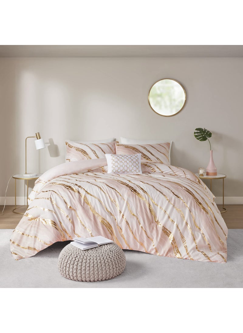 Comfort Spaces Comfort Spaces Nero Metallic Comforter Fun Print for Girls Bedroom Modern Bedding Set All Season Cover Matching Sham TwinTwin XL66x90 Abstract Marble Blush 3 Piece 