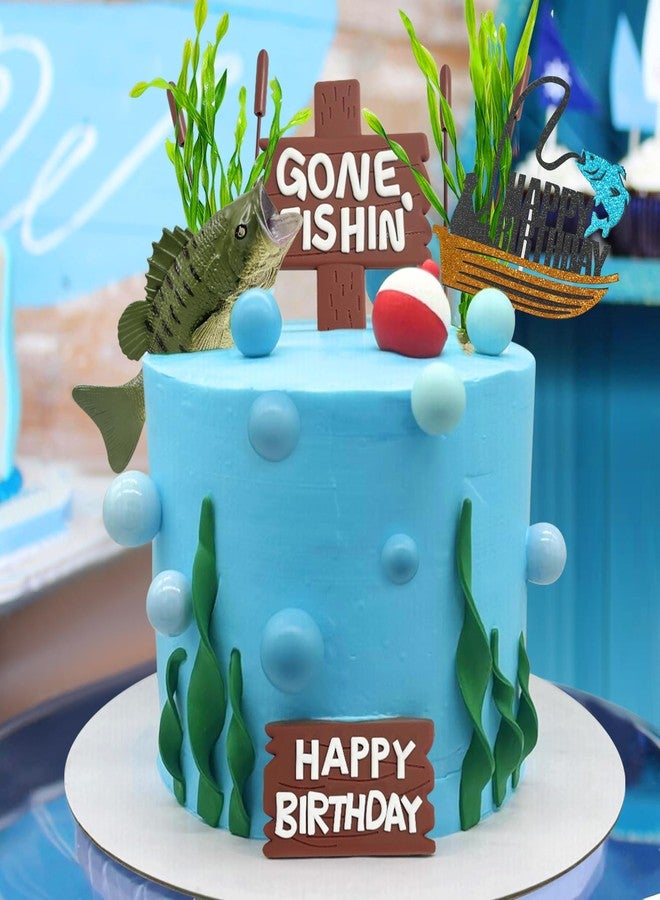 Vidotim Gone Fishing Happy Birthday Cake Topper, 17Pcs Fisherman Themed Decoration for Retirement Party Supplies (Gone Fishing Cake Topper) - Image 3