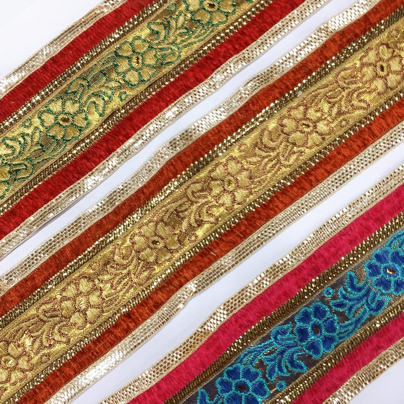 Lami 9 Meter Golden & Red with Golden Border Flower Design Weaving Work Lace with Golden Zari Work, Banarasi Saree Lace Border, Bridal Lehenga Dupatta Suit Anarkali, Indian Fashion Accessories - Image 3