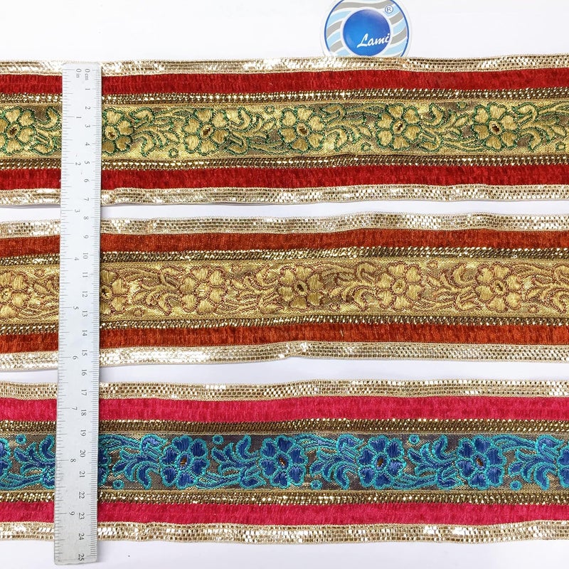 Lami 9 Meter Golden & Red with Golden Border Flower Design Weaving Work Lace with Golden Zari Work, Banarasi Saree Lace Border, Bridal Lehenga Dupatta Suit Anarkali, Indian Fashion Accessories - Image 4