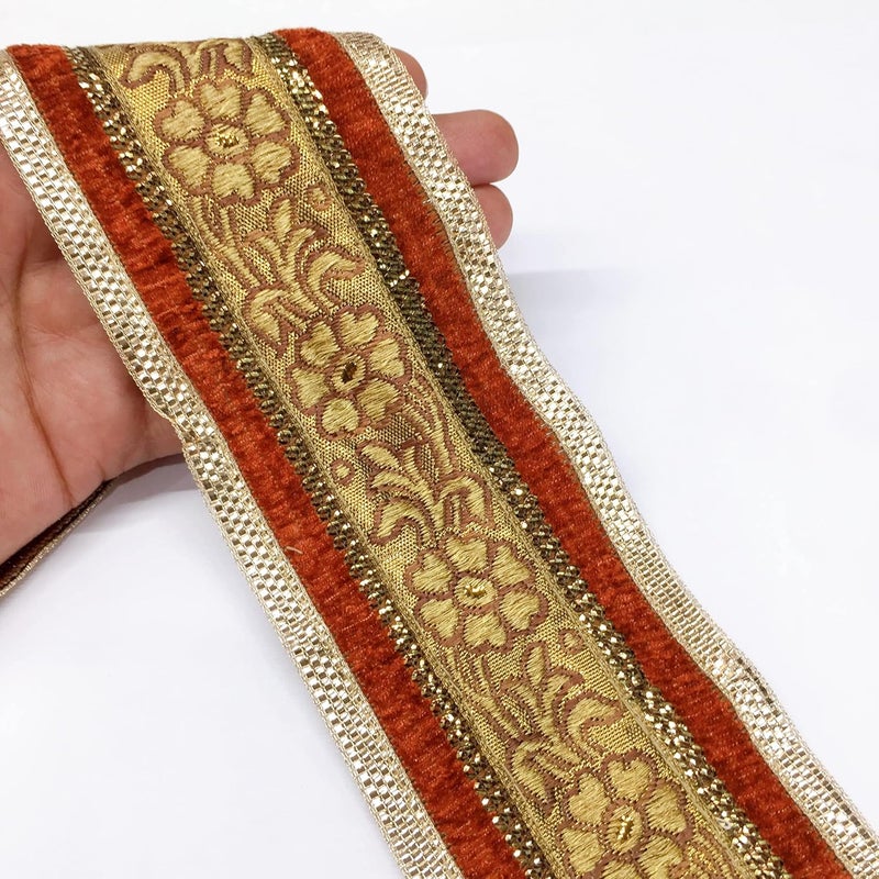 Lami 9 Meter Golden & Red with Golden Border Flower Design Weaving Work Lace with Golden Zari Work, Banarasi Saree Lace Border, Bridal Lehenga Dupatta Suit Anarkali, Indian Fashion Accessories - Image 5