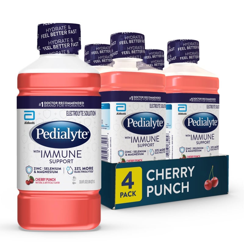 Pedialyte with Immune Support Electrolyte Solution, Hydration Drink with Zinc, Selenium, and Magnesium, Cherry Punch, 1 Liter, Pack of 4 - Image 1