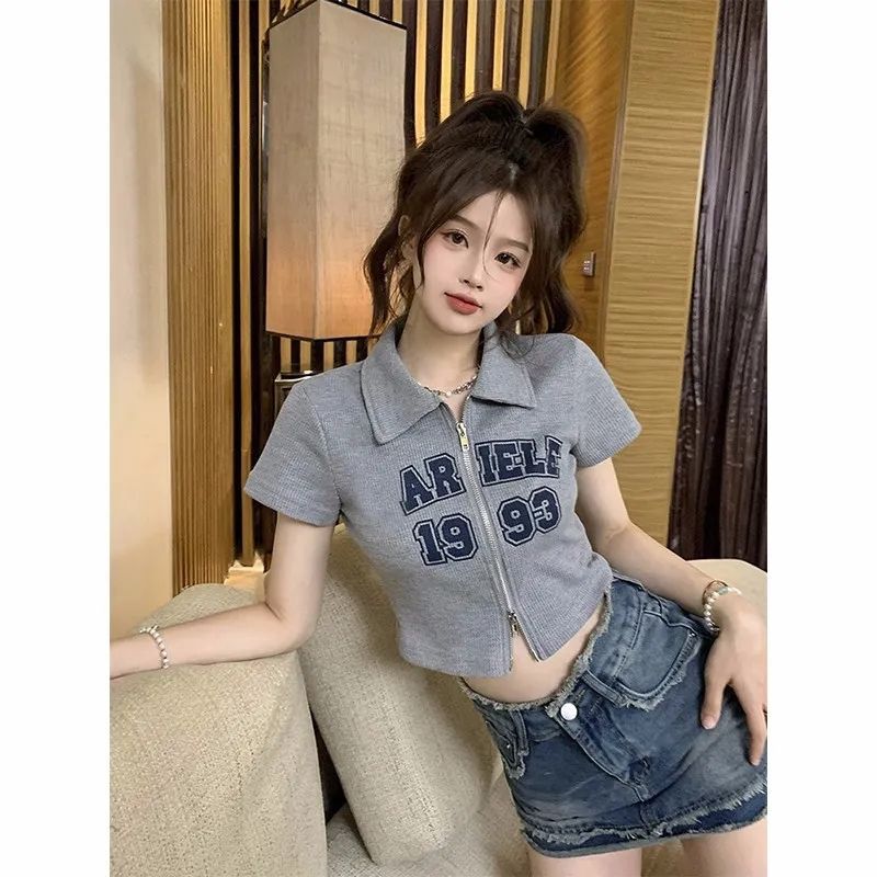 Sweet And Spicy Style Polo Collar Short-Sleeved T-Shirt Women'S Letter Printed Design Sense Double Zipper Short All-Match Top - Image 1