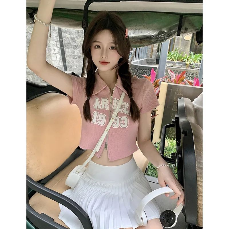 Sweet And Spicy Style Polo Collar Short-Sleeved T-Shirt Women'S Letter Printed Design Sense Double Zipper Short All-Match Top - Image 5
