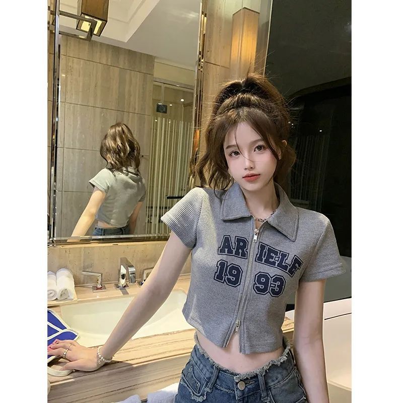 Sweet And Spicy Style Polo Collar Short-Sleeved T-Shirt Women'S Letter Printed Design Sense Double Zipper Short All-Match Top - Image 4