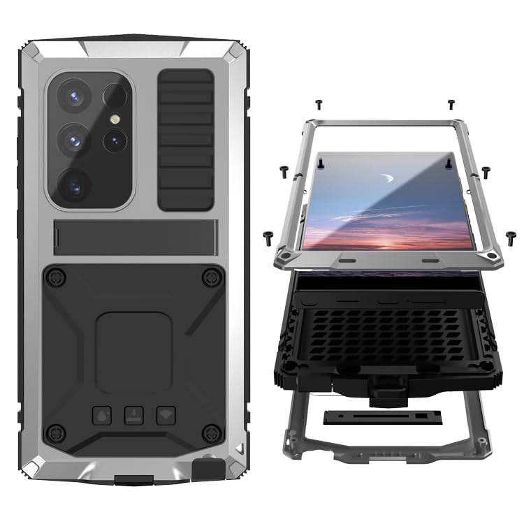 Simicoo Compatible with Samsung Galaxy S25 Plus Metal Bumper Case with Stand Screen Protector Camera Cover Hybrid Durable Metallic Military Dust Proof Heavy Duty Full Body Man (Silver) - Image 1