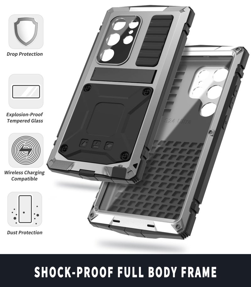 Simicoo Compatible with Samsung Galaxy S25 Plus Metal Bumper Case with Stand Screen Protector Camera Cover Hybrid Durable Metallic Military Dust Proof Heavy Duty Full Body Man (Silver) - Image 3