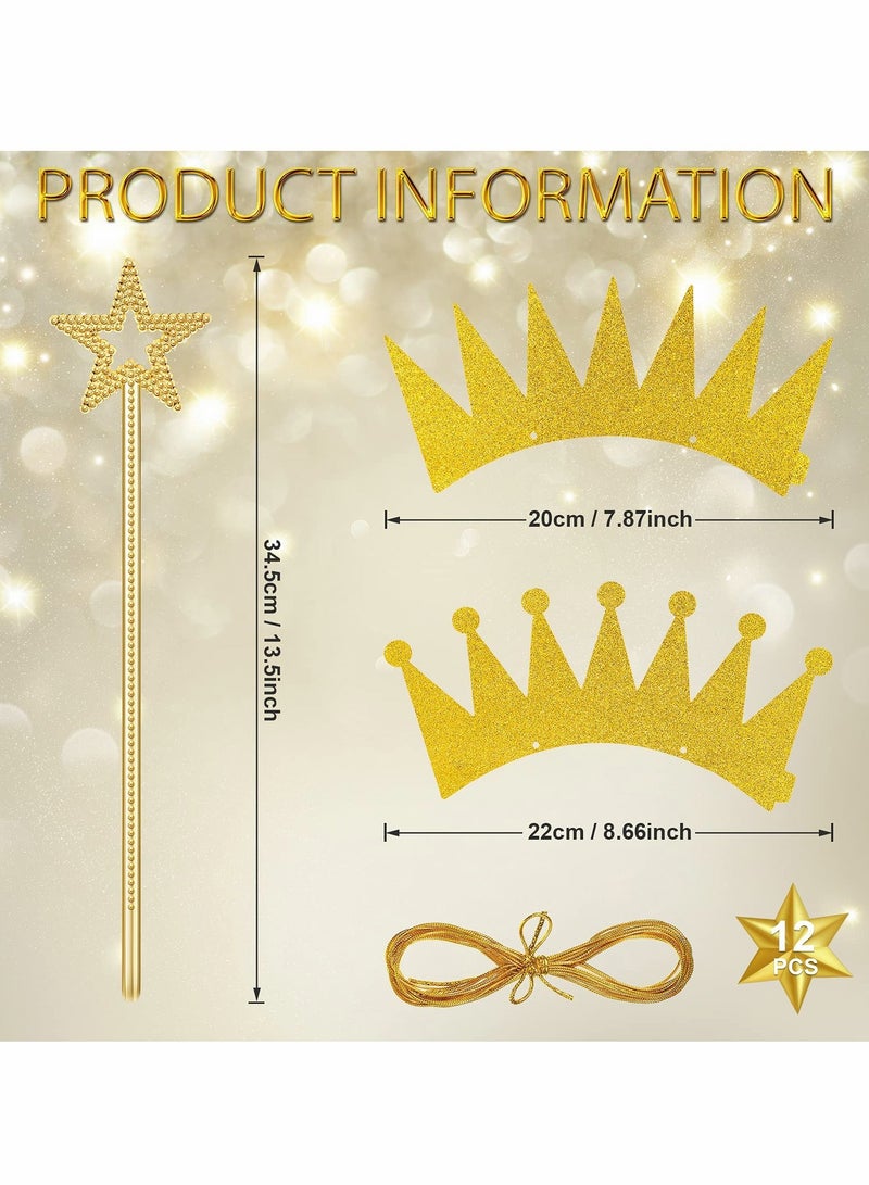 Gold Star Wand Glitter Crowns Party Sets Include 6 Gold Star Fairy Wand and 6 Pieces Princess Prince Party Crowns Hats Birthday Decorations  Party Role Play Dress-Up Photo Prop
