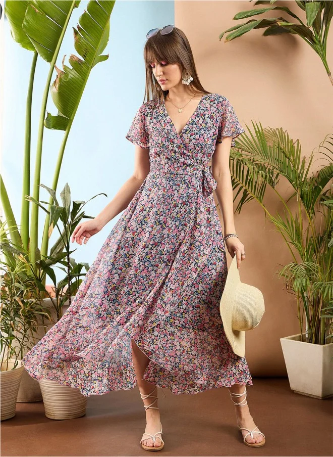 ساسافراس Floral Printed V Neck Wrap Midi Dress for Women