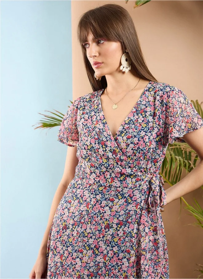 ساسافراس Floral Printed V Neck Wrap Midi Dress for Women