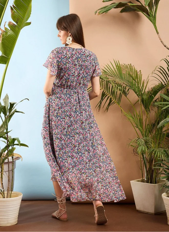 SASSAFRAS Floral Printed V Neck Wrap Midi Dress for Women