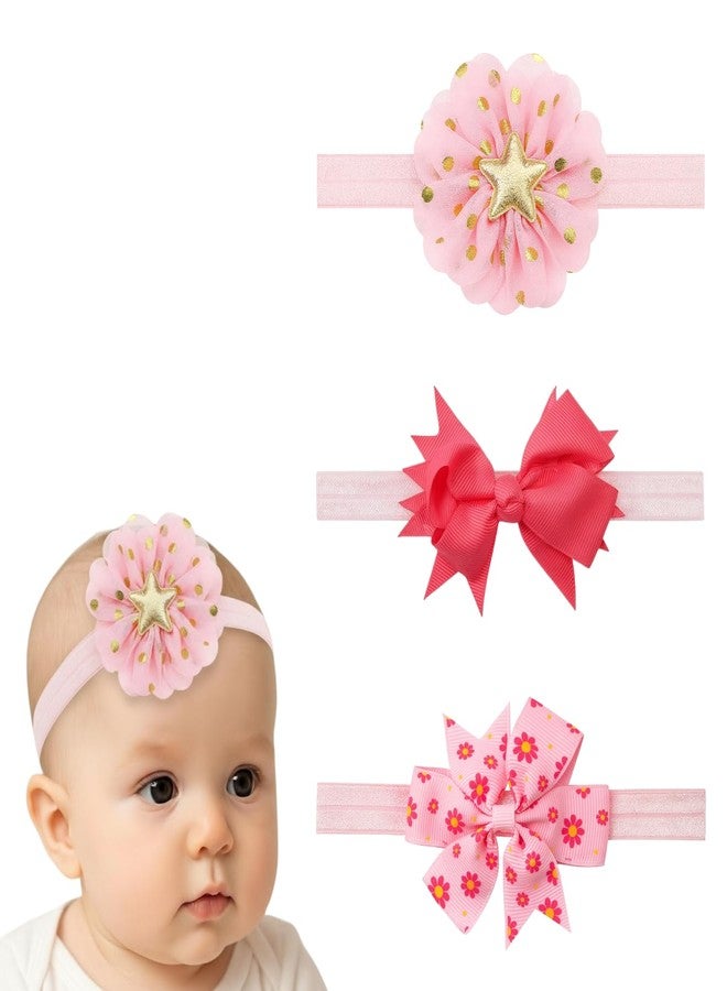 ANNACREATIONS ANNA CREATIONS 3 Pcs Baby Headbands for Baby Girl, Soft Stretchy Hair Bands with Flower and Bow Design, Comfortable and Cute Hair Accessories for Newborn, Infant and Toddler Babies - Image 1
