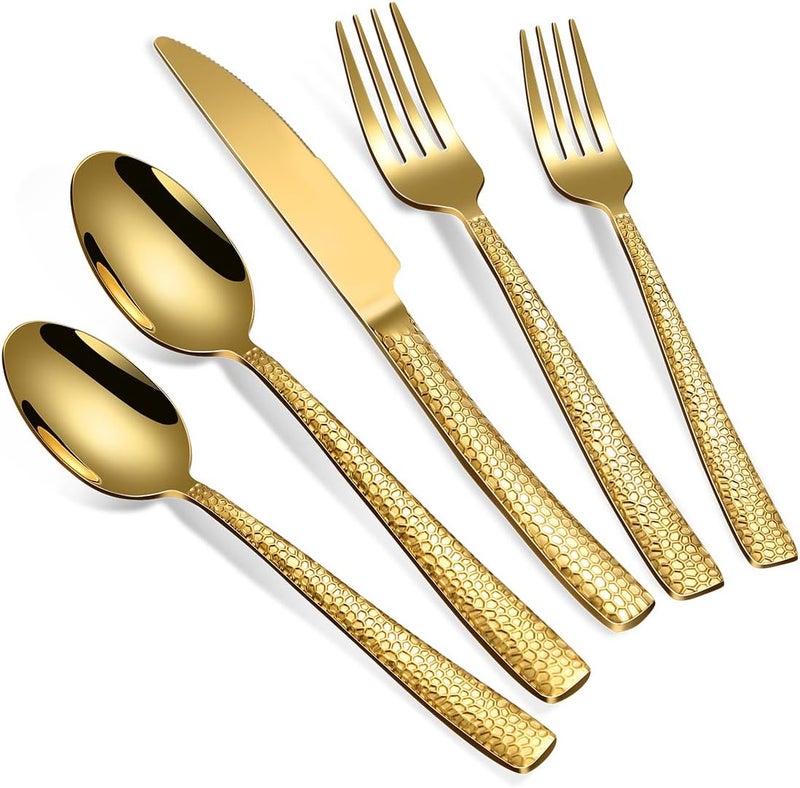 Remoxye 40Piece Silverware Set Gold Hammered Stainless Steel Flatware Sets for 8 FoodGrade Tableware Set Including Fork Knife Spoon Set Durable Home Kitchen Cutlery Sets Dishwasher Safe RX357 - Image 1