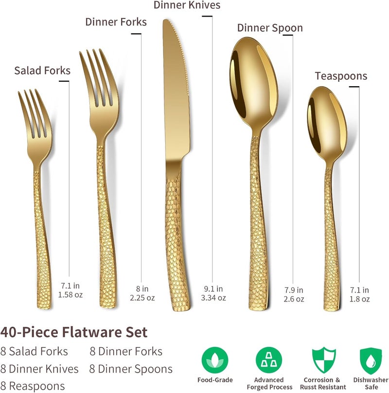 Remoxye 40Piece Silverware Set Gold Hammered Stainless Steel Flatware Sets for 8 FoodGrade Tableware Set Including Fork Knife Spoon Set Durable Home Kitchen Cutlery Sets Dishwasher Safe RX357 - Image 2