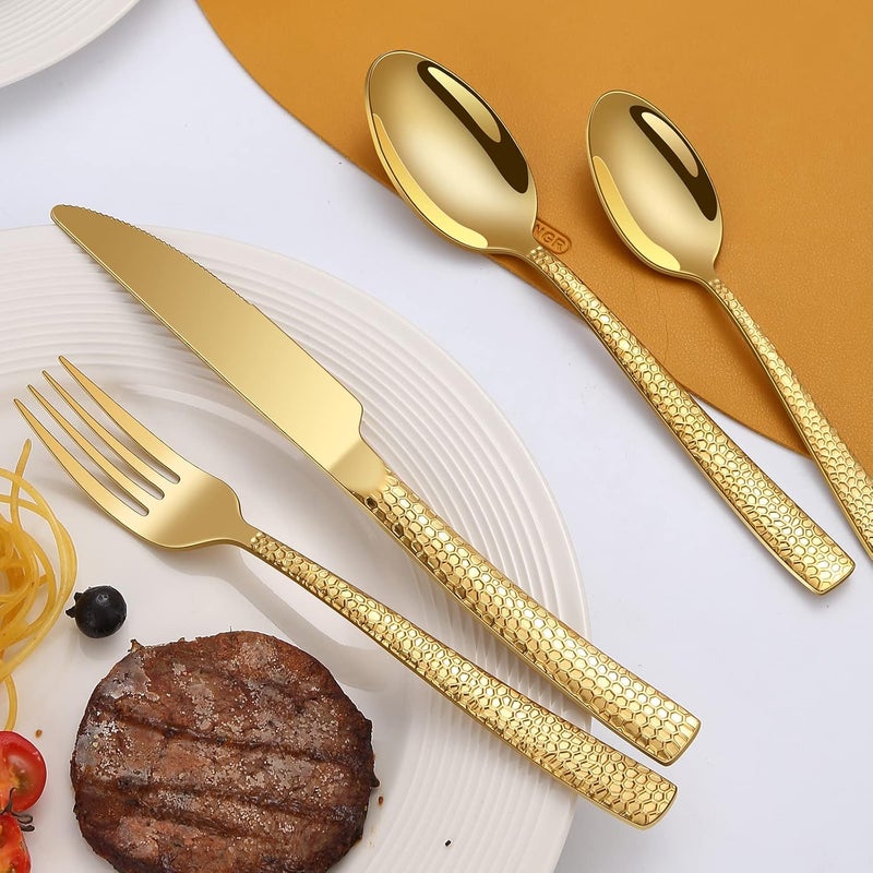 Remoxye 40Piece Silverware Set Gold Hammered Stainless Steel Flatware Sets for 8 FoodGrade Tableware Set Including Fork Knife Spoon Set Durable Home Kitchen Cutlery Sets Dishwasher Safe RX357 - Image 4