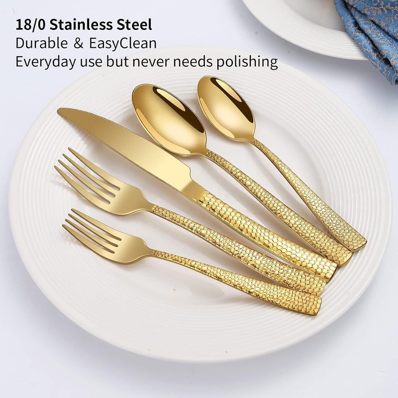 Remoxye 40Piece Silverware Set Gold Hammered Stainless Steel Flatware Sets for 8 FoodGrade Tableware Set Including Fork Knife Spoon Set Durable Home Kitchen Cutlery Sets Dishwasher Safe RX357 - Image 3