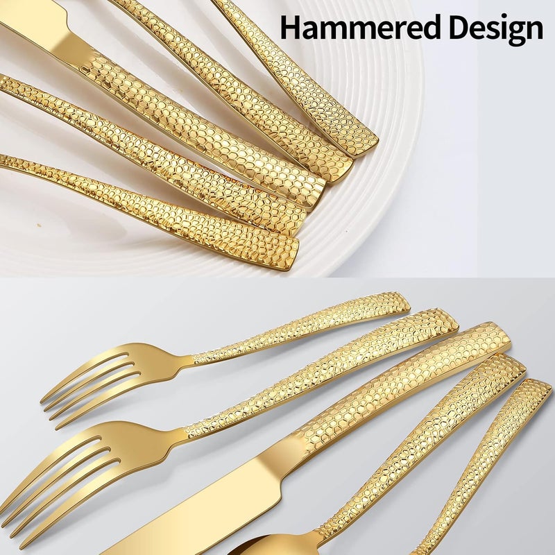 Remoxye 40Piece Silverware Set Gold Hammered Stainless Steel Flatware Sets for 8 FoodGrade Tableware Set Including Fork Knife Spoon Set Durable Home Kitchen Cutlery Sets Dishwasher Safe RX357 - Image 5