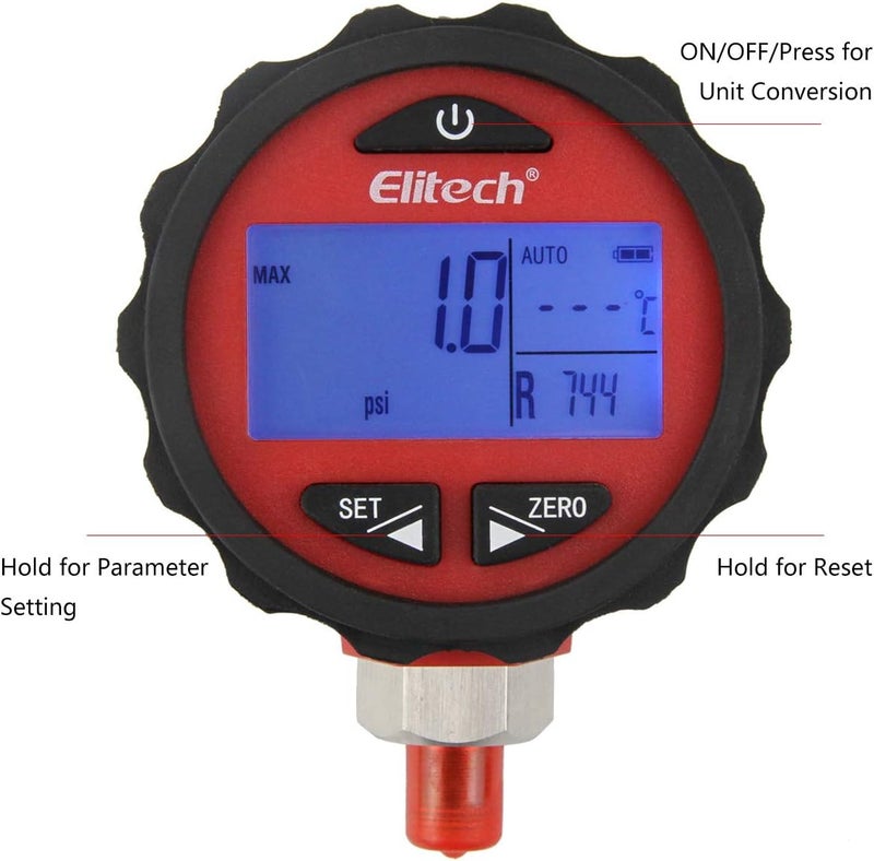 Elitech Refrigeration HVAC Digital Pressure Gauge Set 145500 PSI  145800 PSI 18 NPT - Image 2