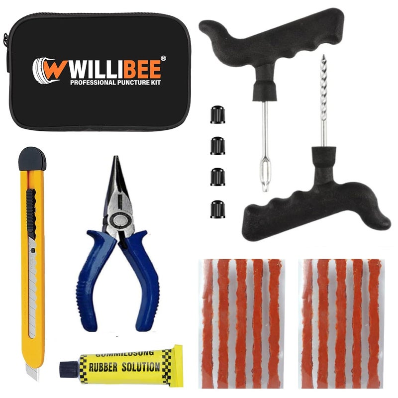 WILLIBEE 8 in 1 Tubeless Tyre Puncture Repair Kit for Car, Bike, Scooter & SUV (with Storage Bag) | Flat Tire Puncher Repair Kit, Universal Emergency Tyre Fix Tool Set. - Image 1