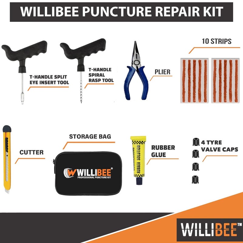 WILLIBEE 8 in 1 Tubeless Tyre Puncture Repair Kit for Car, Bike, Scooter & SUV (with Storage Bag) | Flat Tire Puncher Repair Kit, Universal Emergency Tyre Fix Tool Set. - Image 2