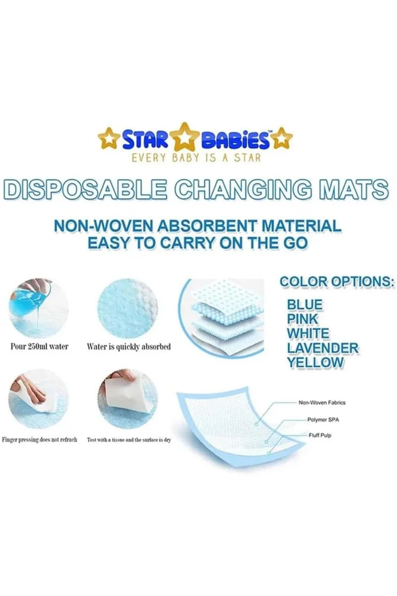 ستار بيبيز Star Babies Disposable Changing Mats  Leak Resistant  Travel Friendly  Versatile Use  0 Months   33 x 45cm  Blue - 100 Pieces