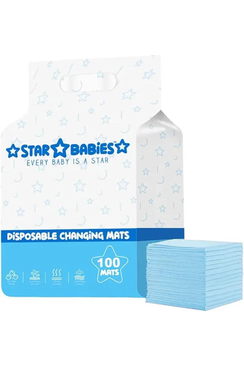ستار بيبيز Star Babies Disposable Changing Mats  Leak Resistant  Travel Friendly  Versatile Use  0 Months   33 x 45cm  Blue - 100 Pieces
