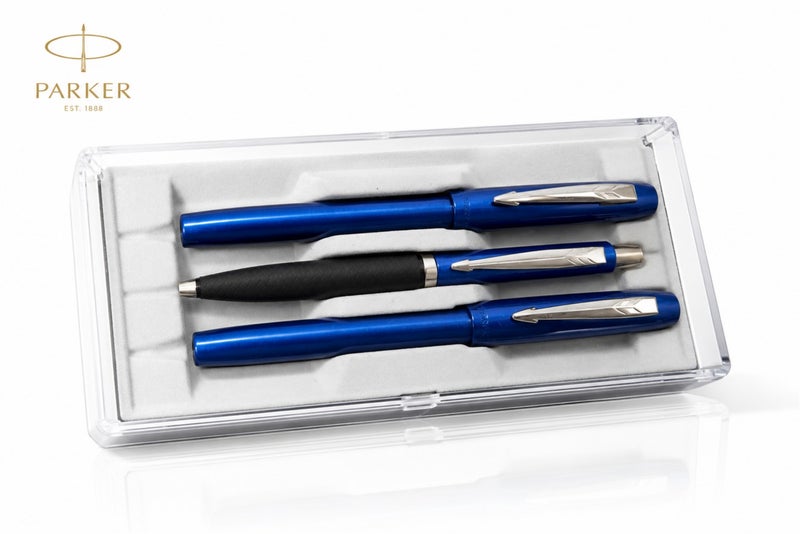 Parker Reflex Metallic Blue 3-Piece Pen Set (Fountain Pen, Rollerball, Ballpoint), Classic Vintage Collectible - Image 2