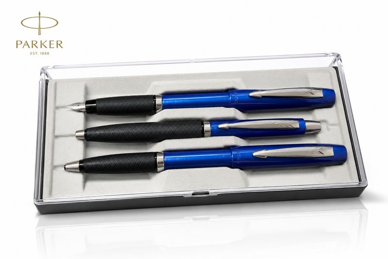 Parker Reflex Metallic Blue 3-Piece Pen Set (Fountain Pen, Rollerball, Ballpoint), Classic Vintage Collectible - Image 1