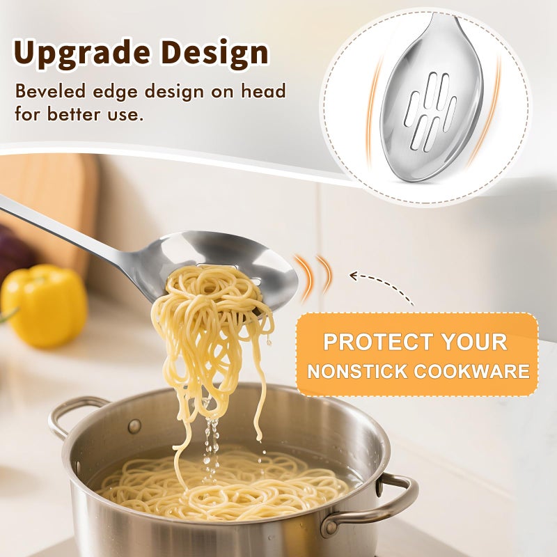 MemoGem 2 Pcs Stainless Steel Cooking Spoons Set, Solid & Slotted Metal Serving Spoons, Heavy Duty Sturdy Large Soup Ladle, High Heat Resistant Kitchen Cooking Utensils for Mixing, Stirring, Easy to Clean - Image 3