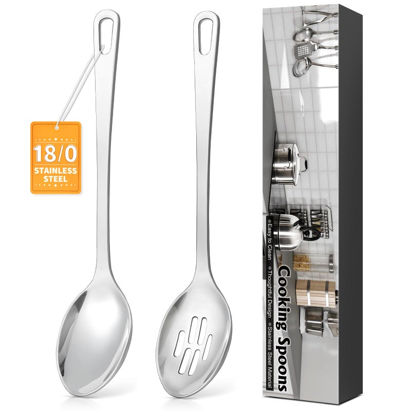 MemoGem 2 Pcs Stainless Steel Cooking Spoons Set, Solid & Slotted Metal Serving Spoons, Heavy Duty Sturdy Large Soup Ladle, High Heat Resistant Kitchen Cooking Utensils for Mixing, Stirring, Easy to Clean - Image 1