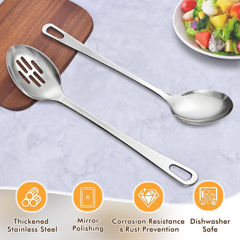 MemoGem 2 Pcs Stainless Steel Cooking Spoons Set, Solid & Slotted Metal Serving Spoons, Heavy Duty Sturdy Large Soup Ladle, High Heat Resistant Kitchen Cooking Utensils for Mixing, Stirring, Easy to Clean - Image 2