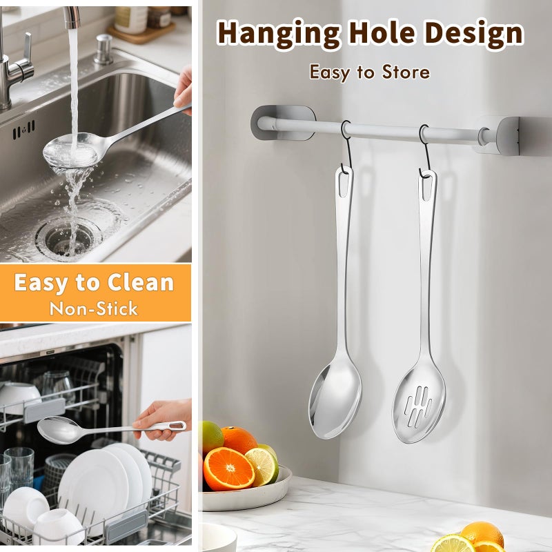 MemoGem 2 Pcs Stainless Steel Cooking Spoons Set, Solid & Slotted Metal Serving Spoons, Heavy Duty Sturdy Large Soup Ladle, High Heat Resistant Kitchen Cooking Utensils for Mixing, Stirring, Easy to Clean - Image 5