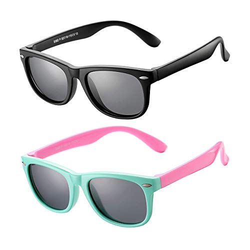 AZorb Kids Polarized Sunglasses TPEE Rubber Flexible Frame for Boys Girls Age 3-8, 100% UV Protection (Black/Grey + Mint Green Hot Pink/Grey) - Image 1