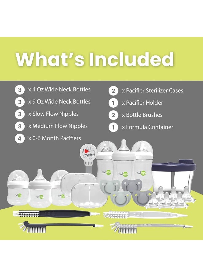 Avima Newborn Baby Bottle Starter Set. Anti-Colic Wide Neck Bottles with Slow and Medium Flow Nipples. 22 Piece Set - Image 3