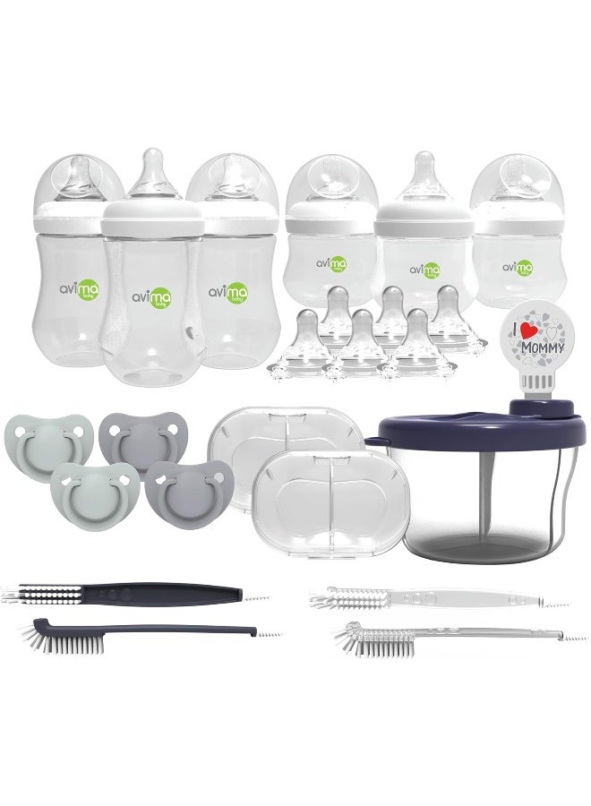Avima Newborn Baby Bottle Starter Set. Anti-Colic Wide Neck Bottles with Slow and Medium Flow Nipples. 22 Piece Set - Image 1