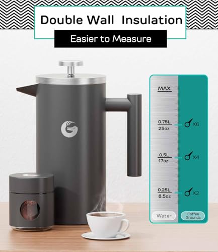 Coffee Gator صانعة القهوة الفرنسية من كوفي غيتور - 34 أونصة معزولة مزدوجة من الفولاذ المقاوم للصدأ بالإضافة إلى جرة سفر، إبريق شاي محمول للقهوة الساخنة والباردة، أدوات بار القهوة، المطبخ، التخييم، رمادي - Image 2