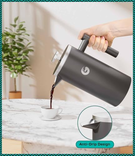 Coffee Gator صانعة القهوة الفرنسية من كوفي غيتور - 34 أونصة معزولة مزدوجة من الفولاذ المقاوم للصدأ بالإضافة إلى جرة سفر، إبريق شاي محمول للقهوة الساخنة والباردة، أدوات بار القهوة، المطبخ، التخييم، رمادي - Image 4