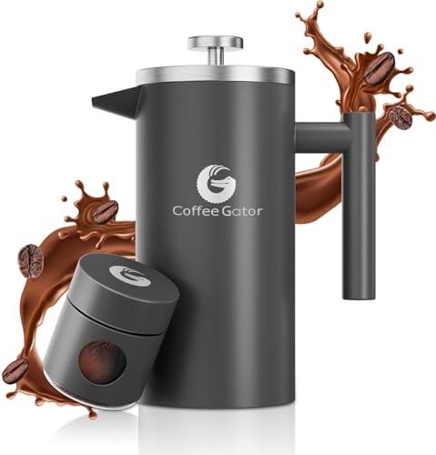 Coffee Gator صانعة القهوة الفرنسية من كوفي غيتور - 34 أونصة معزولة مزدوجة من الفولاذ المقاوم للصدأ بالإضافة إلى جرة سفر، إبريق شاي محمول للقهوة الساخنة والباردة، أدوات بار القهوة، المطبخ، التخييم، رمادي - Image 1