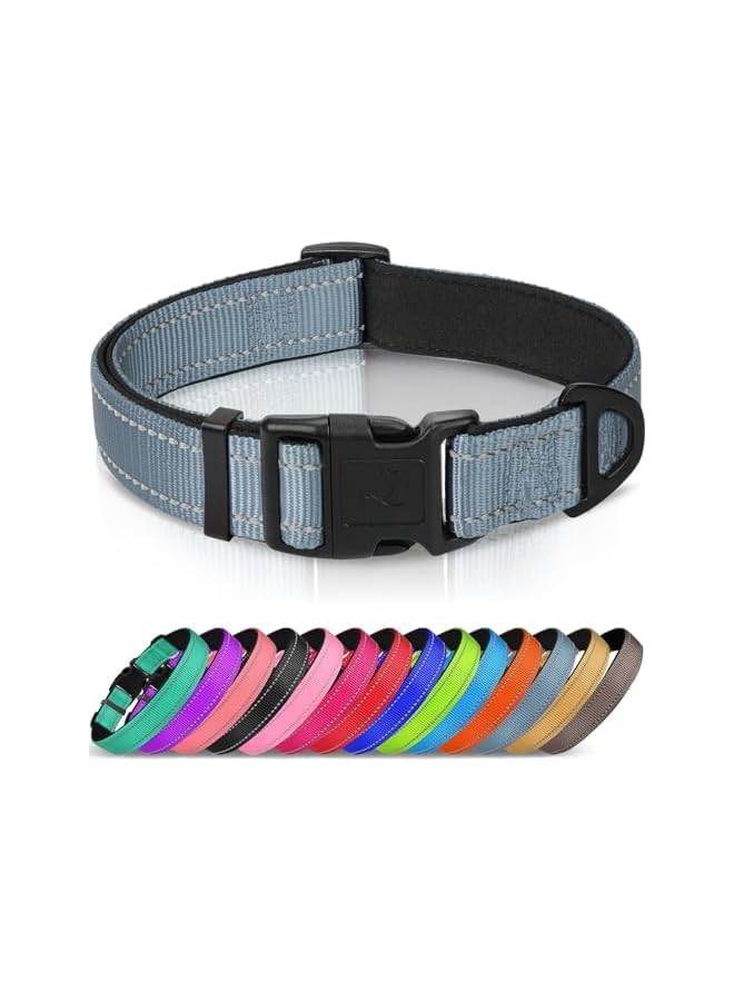 Reflective Dog Collar, Soft Neoprene Padded, Metal D-Ring, Nylon Pet Collar Adjustable for Puppy and Small Dogs, Gray, XS - Image 1