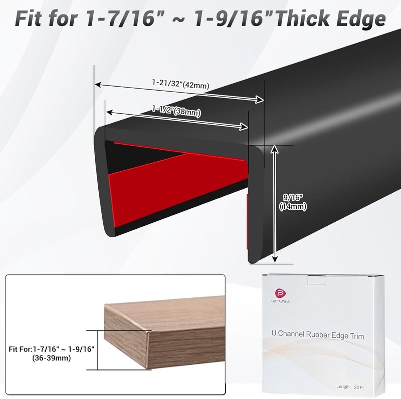 Protalwell Rubber Edge Trim, 1-1/2 inch Wide U Channel Edge Trim, Big Size U Shaped Trim, Self Adhesive Edge Banding for Plywood, Woods, Doors, Shelf, Cabinet, Countertop, Length 20Ft, Black Gloss Finish - Image 2